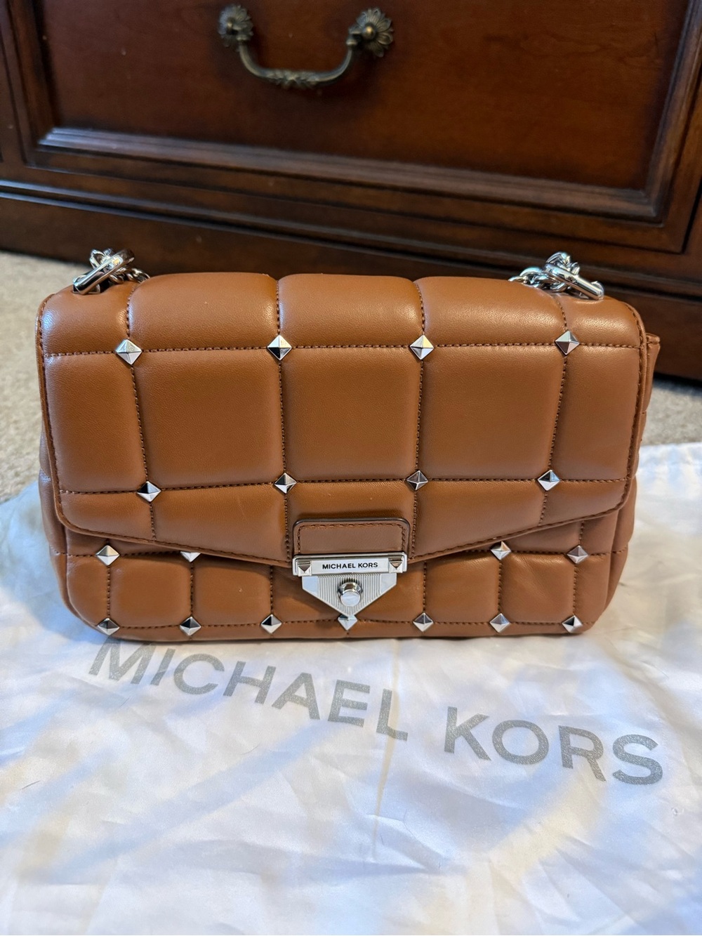 Michael Kors Quilted Studded Shoulder Bag in Cognac Brown